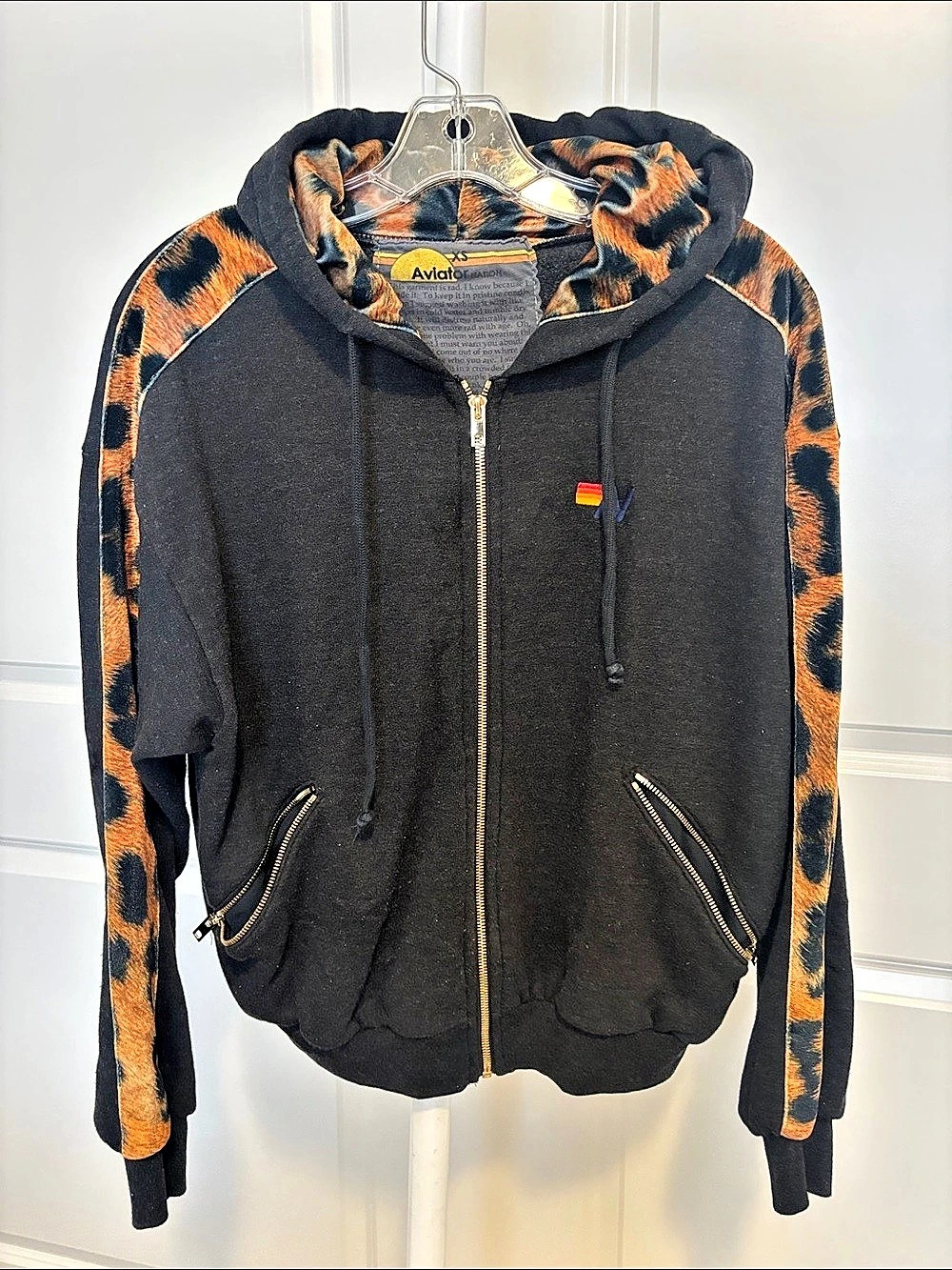 Aviator Nation Zip Hoodie in Black & Cheetah Print